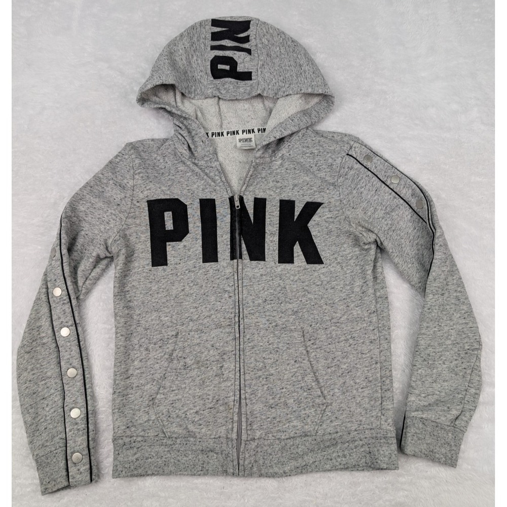Victoria's Secret PINK Hoodie‎ Womens S Snap Button Sleeve Full Zip Gray *Read